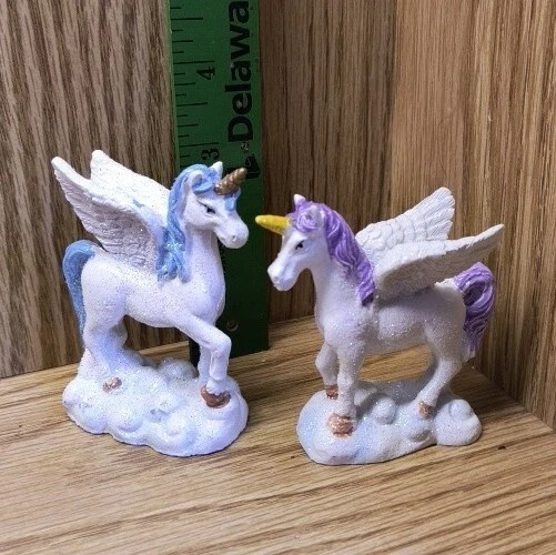 Hadas Jardín Unicornio (X2) Estatua Figura Mini Gnomo Jardín Fantasía Azul Púrpura  Foto 1 de 1