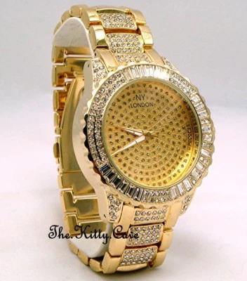 Reloj de caballero damas unisex placa dorada rapero gema de hielo proxeneta bling cristales baguette Foto 1 de 4