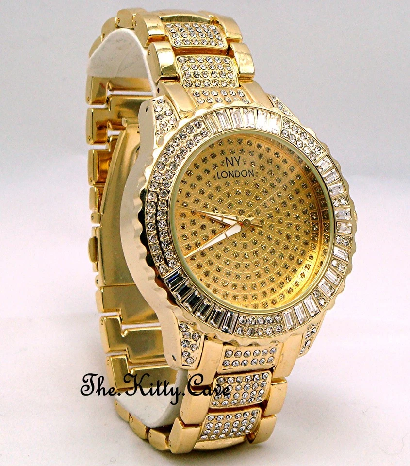 Reloj Caballeros Damas Unisex Plato de Oro Rapero Gema de Hielo Proxeneta Bling Baguette Cristales Foto 1 de 4