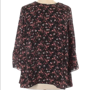 DR2 3/4 Sleeve Blouse Black Floral Keyhole Back Closure Size 1X (Plus) - Picture 1 of 2