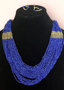 Robert Rose Multi Strand Blue Seed Bead Necklace & Earrings Vintage - Picture 1 of 7