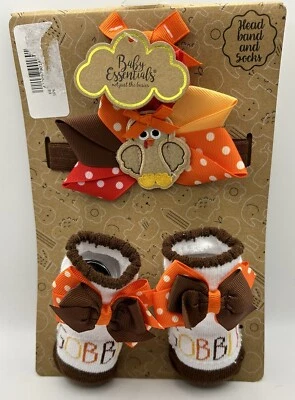 Thanksgiving Baby Gift Set Head Band Socks Fall Turkey 0-6 Months Polka Dots New - Image 1 of 4