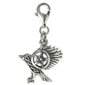 Sterling Silver Flying Raven Pentacle Clip Charm Wiccan Pentagram Pagan Jewelry - Picture 1 of 1