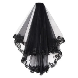 Black Lace Mantilla Bridal Cathedral Birdcage Gothic Veil Wedding with Comb - Picture 1 of 7