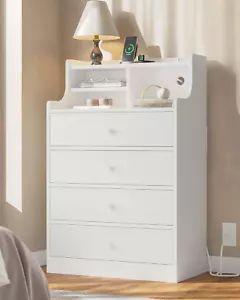 Tall Dresser for Bedroom,4 Drawer Dresser with Charging Station & Hutch,White Wo - Picture 1 of 12