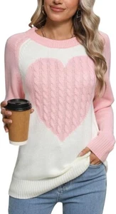 Heart Round Neck Long Sleeve Sweater Pullover Ribbed Knit Casual Sweaters-S - Picture 1 of 6