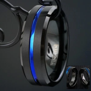 Anillo negro de carburo de tungsteno delgada línea azul banda de boda - policía aplicación de la ley - Imagen 1 de 14