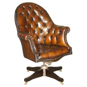 ANTIQUE HILLCREST GODFATHER BROWN LEATHER CHESTERFIELD DIRECTORS CAPTAINS CHAIR - Picture 1 of 22
