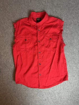 Men's Milwaukee Performance Sleeveless Biker Shirt XL Red Denim Frayed Cut-off - Image 1 of 3
