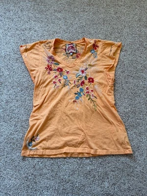 Camiseta Top Johnny Was Naranja Claro Bordada Floral Cuello en V Mujer M Boho Foto 1 de 4