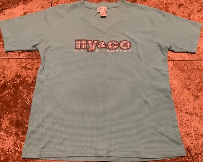 VINTAGE NY & CO PREPPY PLAID LOGO WAFFLE KNIT V-NECK SHIRT ( ADULT M ) AQUA BLUE - Image 1 of 4