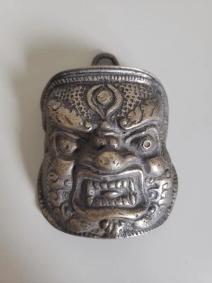 Brass Mask Oni Deity Pendant Wall Hanging Mini Face Figural Mahakala Asian Mini - Image 1 of 4