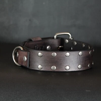 Кожаный ошейник для собаки с заклепками. Ширина 1,5 дюйма. Антикварный черный - Изображение 1 из 4
