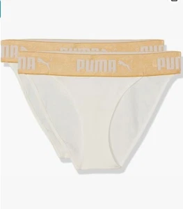 Puma Womens 2 Pack Bikini Briefs White/ Gold uk 10 / Small Soft Cotton Modal - Picture 1 of 3