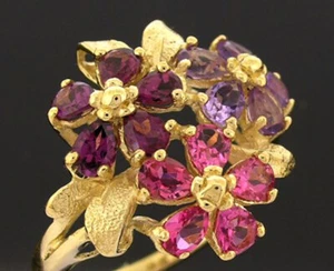 R192 Genuine 9K Gold Natural Multi-gem Pink Tourmaline Cherry Blossoms Ring - Picture 1 of 5