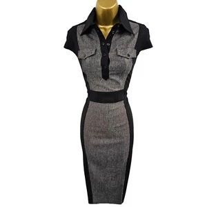 UK 12  Karen Millen Tweed Military Shirt Style Pencil Dress Office Work Evening - Picture 1 of 11