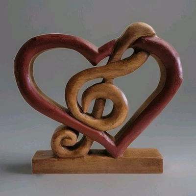 Thick Hand Carved Wooden Treble Clef Inside Heart On Stand Music Lover Too Cute! - Image 1 of 4