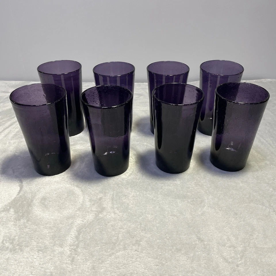 Juego de 8 vasos de vidrio Highball de burbujas controlados por amatista soplado a mano usados en excelente estado Foto 1 de 4
