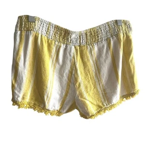 Boho Yellow Striped Fringe Shorts No Boundaries M Linen Blend Smocked Waist - Picture 1 of 4