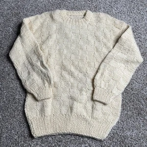Hand Made Knit Sweater Mens Medium Cream Chunky Waffle Knit Fisherman Patchwork - Picture 1 of 6