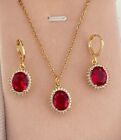 Lab-Created Ruby Pink 2Ct Oval Cut Women's Jewelry Set 14K Yellow Gold Plated