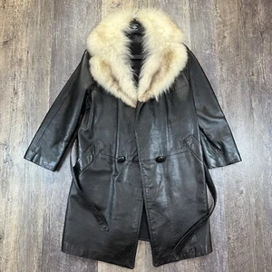 VTG 60s-1970s Leathercraft NY Women's Black Leather Coat Sz 10 Fur Collar Belted - Picture 1 of 16