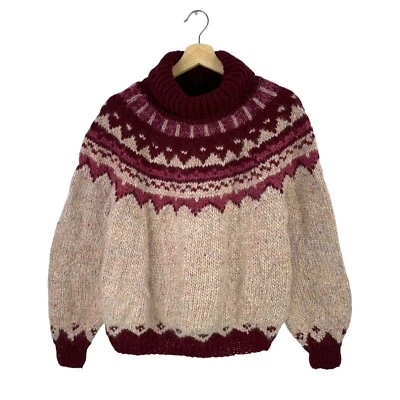 Handmade Wool Fair Isle Nordic Mockneck Ski Sweater Red/Brown VTG 80s Sz Large - Image 1 of 4