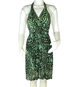 ATTENTION Abstract XL Turquoise + Coffee Brown Backless V-Neck Halter Dress - Picture 1 of 9