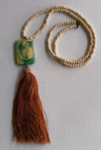 Antique Vintage Jade Art Deco Chinese Beaded Necklace Tassel Rectangular Marble - Picture 1 of 8