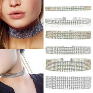 Collana Girocollo Cristallo Argento Strass Scintillante Diamante Larga Charm Catena - Foto 1 di 23