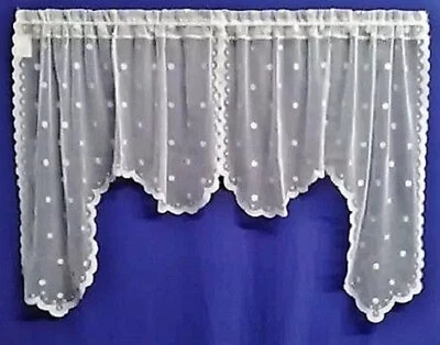 White Heritage Lace Window Swag Pair Swiss Dots 56" x 28" Kitchen Bedroom - Image 1 of 4