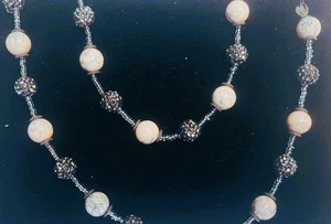 Elegant Pink Howlite & Black Rhinestone Bead Necklace, 74cm, Handmade - Picture 1 of 11