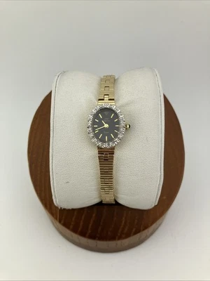 Reloj De Colección Jules Jurgensen Damas 16mm Tono Dorado Esfera Negra Diamante 5.75" -FUNCIONA Foto 1 de 4