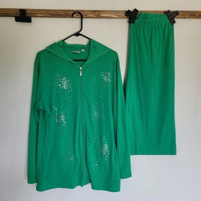Quacker Factory Jacket Set Pants Womens 1X Plus Size Green Studded Casual Knit - Image 1 of 4