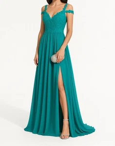 JJ’s House Gr. 10 türkis langes Chiffonkleid schulterfrei Spitze Perlen Strass neu mit Etikett - Bild 1 von 24