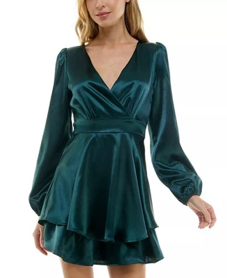 NEW Juniors Size M Midnight Doll Blouson LongSleeve Satin ALine Dress Hunter $69 - Image 1 of 4