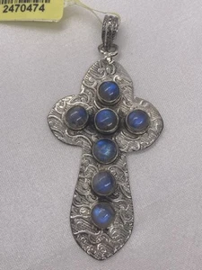 Artisan Crafted Rainbow Moonstone Cross Pendant Sterling Silver Nickel Free - Picture 1 of 2
