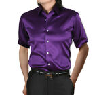 Men Short sleeve T-Shirts Satin Faux Silk shirt Business Soft Loose Lapel Button