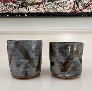 Vintage EVLA Stoneware Pottery Tea Cup Yunomi Set 2 Minnesota Pottery Blue - Picture 1 of 11