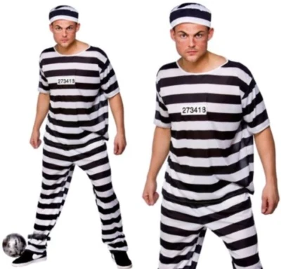 Disfraz de convicto para hombre Adultos Prisionero Vestido elegante Conjunto Uniforme de Halloween Foto 1 de 2