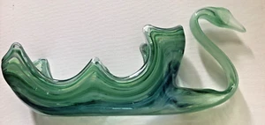 Vintage Sooner Green Swirl Murano Style Hand Blown Art Glass bowl dish SWAN - Picture 1 of 4