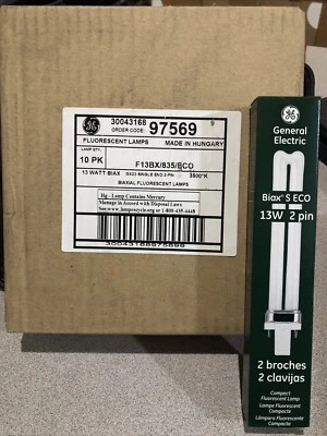 Box of 10 GE 97569 F13BX/835/ECO 13 Watt 3500K 2 Pin GX23 Base CFL Lamp Light - Image 1 of 2