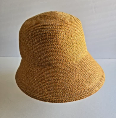 ERIC JAVITS Orange Gold Sun Packable Straw Bucket Hat Kentucky Derby Logo Button - Image 1 of 4