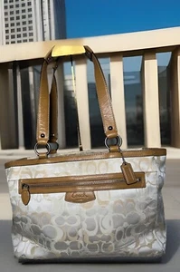 Coach Penelope Signature Tote Shoulder Bag Beige Brown Leather Canvas EUC - Picture 1 of 22