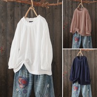 Womens Summer Holiday Bohemian Long Sleeve Cotton Tops Casual Loose Shirt Blouse