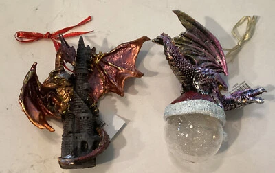 Dragon On Glass Ball & Dragon On Castle Holiday Ornaments Lot Of 2 - Image 1 of 4