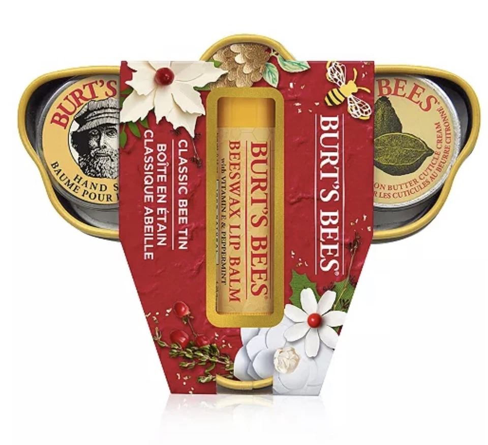 Burt's Bees Classic Bee Juego de Regalo de 3 Piezas en Contenedor de Lata Reutilizable. Nuevo Foto 1 de 1