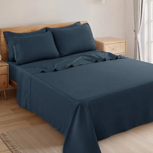 Juego de sábanas lisas de bolsillo profundo ultra suave serie 1800 de lujo de 6 piezas - Imagen 1 de 221
