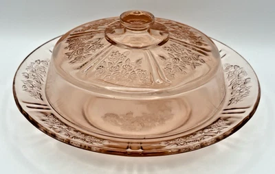 Federal Glass Cabbage Rose Sharon Rose Pink Depression Glass Cheese Dish w Lid - Image 1 of 4