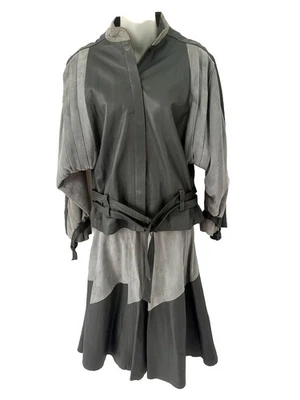 CHAQUETA PEQUEÑA VINTAGE AÑOS 80~DOS TONOS PIEL DE CORDERO GRIS/GAMUZA Y FALDA TALLA 4-6 Foto 1 de 4